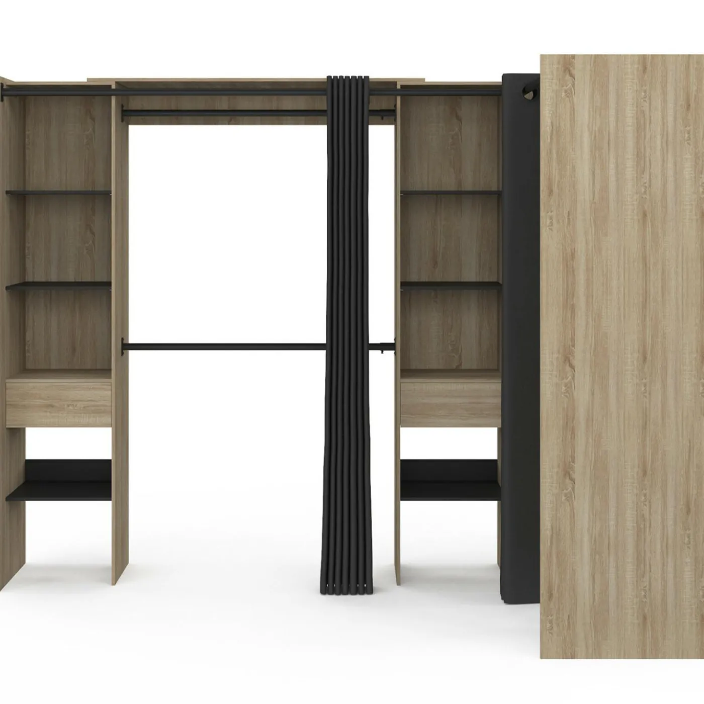Dressing d'angle extensible bois effet hêtre avec 4 penderies + 12 étagères + 3 tiroirs et rideaux noirs