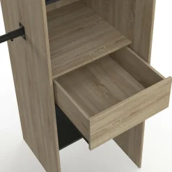 Dressing d'angle extensible bois effet hêtre avec 4 penderies + 12 étagères + 3 tiroirs et rideaux noirs