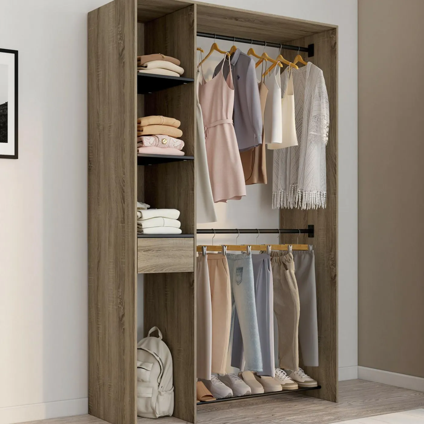 Dressing double penderie L. 110 cm avec étagères + tiroir + rangements à chaussures hêtre et noir