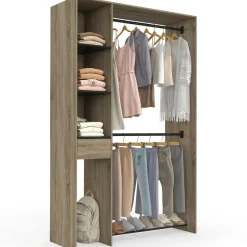 Dressing double penderie L. 110 cm avec étagères + tiroir + rangements à chaussures hêtre et noir