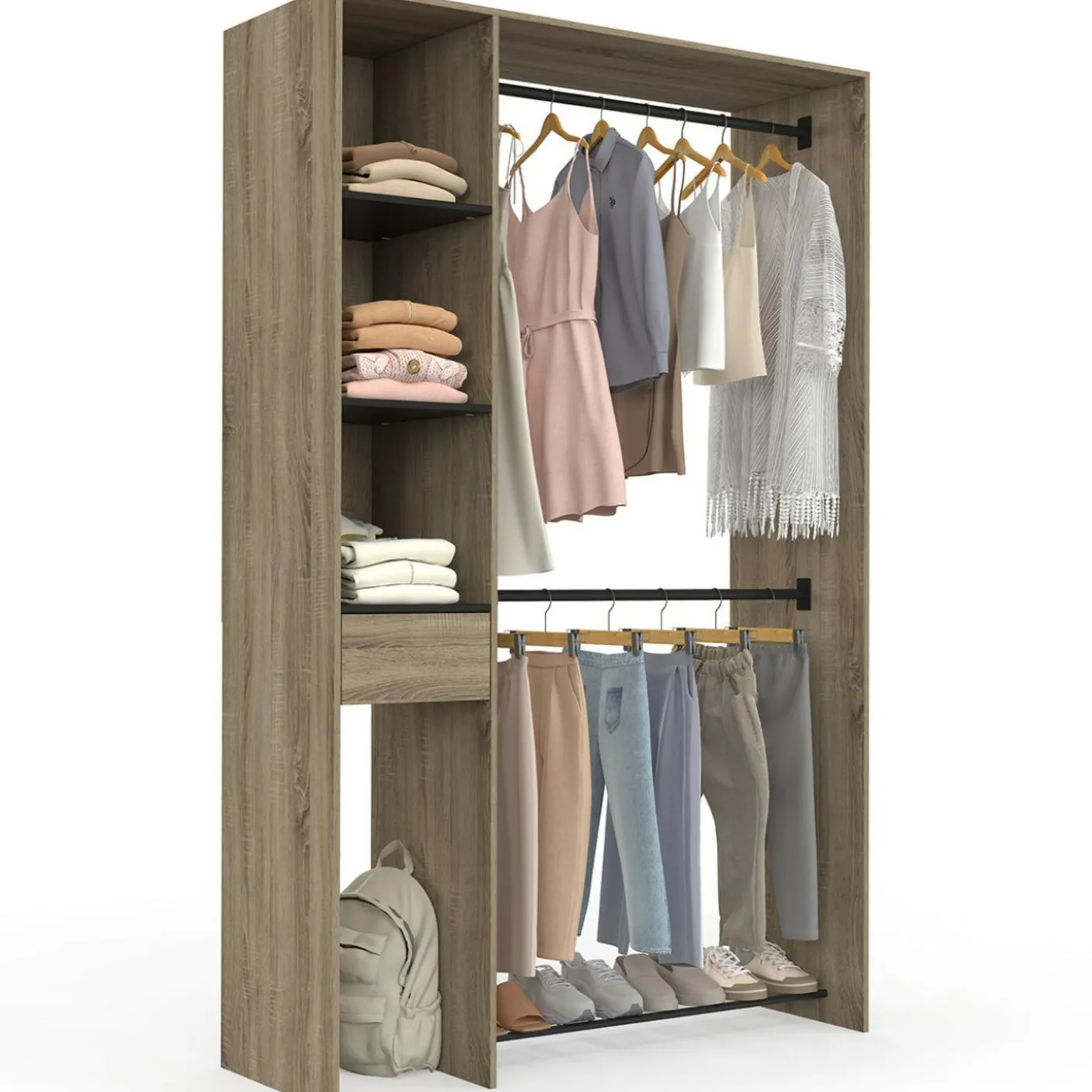 Dressing double penderie L. 110 cm avec étagères + tiroir + rangements à chaussures hêtre et noir