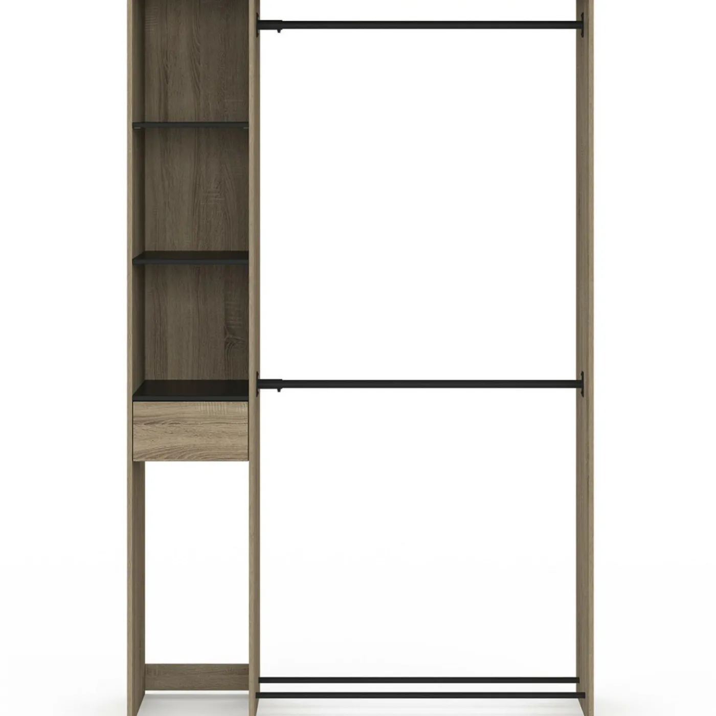 Dressing double penderie L. 110 cm avec étagères + tiroir + rangements à chaussures hêtre et noir