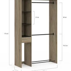 Dressing double penderie L. 110 cm avec étagères + tiroir + rangements à chaussures hêtre et noir