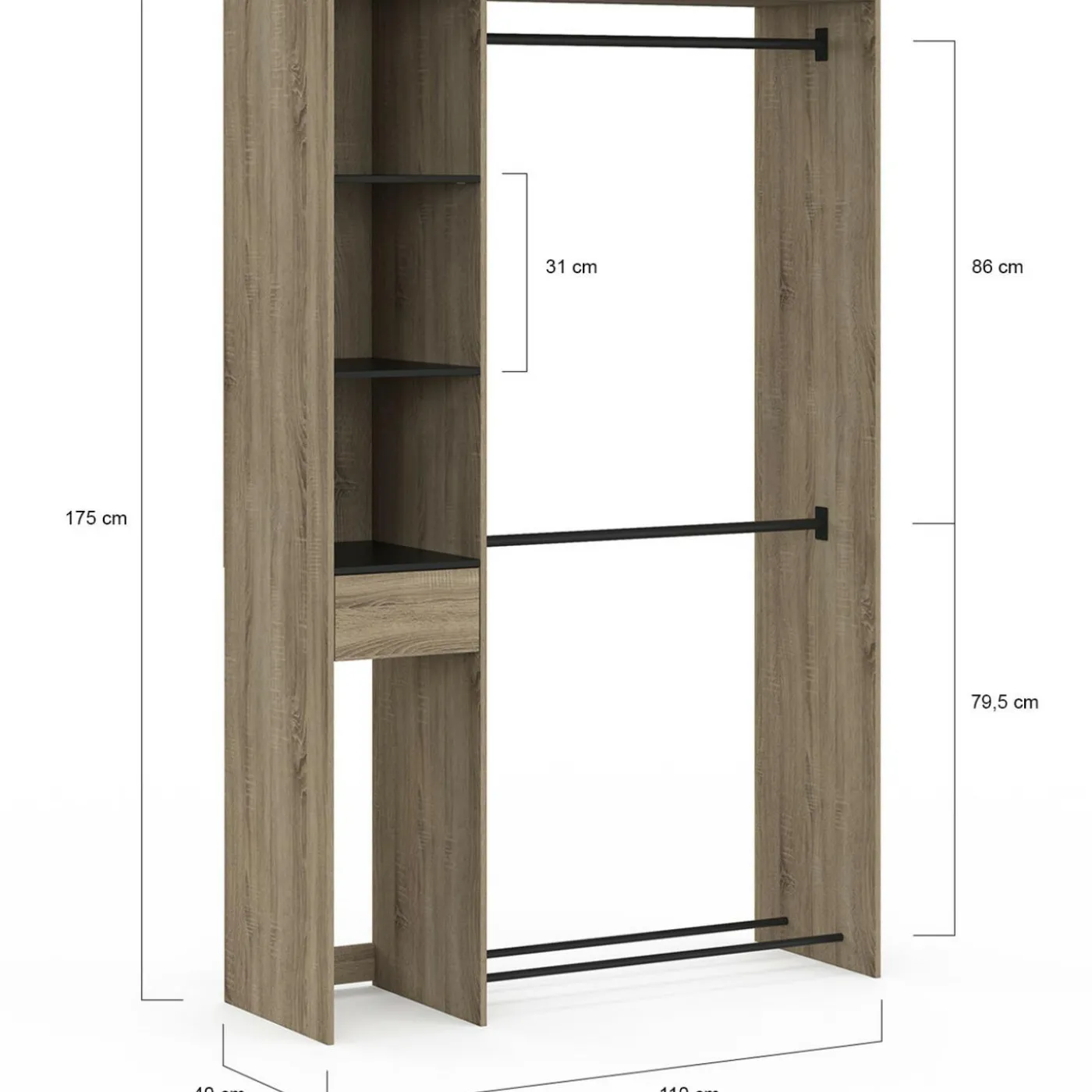 Dressing double penderie L. 110 cm avec étagères + tiroir + rangements à chaussures hêtre et noir