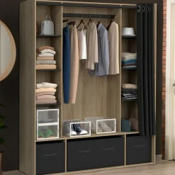 Dressing double penderie coloris bois 8 étagères et rideaux noirs