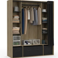 Dressing double penderie coloris bois 8 étagères et rideaux noirs