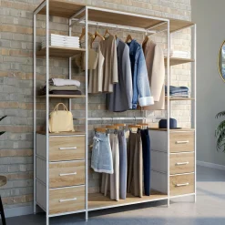 Dressing double penderie + double colonne L. 140 cm avec 6 étagères et 6 bacs en tissu bois et blanc