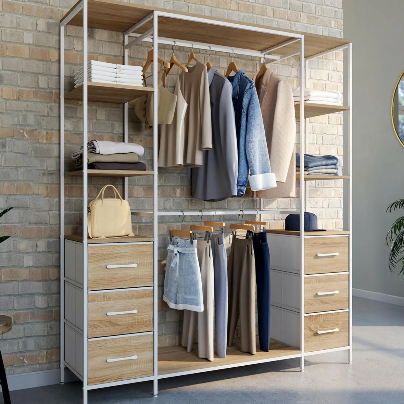 Dressing double penderie + double colonne L. 140 cm avec 6 étagères et 6 bacs en tissu bois et blanc