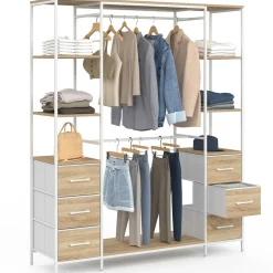 Dressing double penderie + double colonne L. 140 cm avec 6 étagères et 6 bacs en tissu bois et blanc