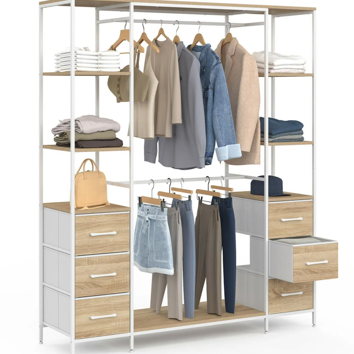 Dressing double penderie + double colonne L. 140 cm avec 6 étagères et 6 bacs en tissu bois et blanc
