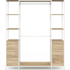 Dressing double penderie + double colonne L. 140 cm avec 6 étagères et 6 bacs en tissu bois et blanc