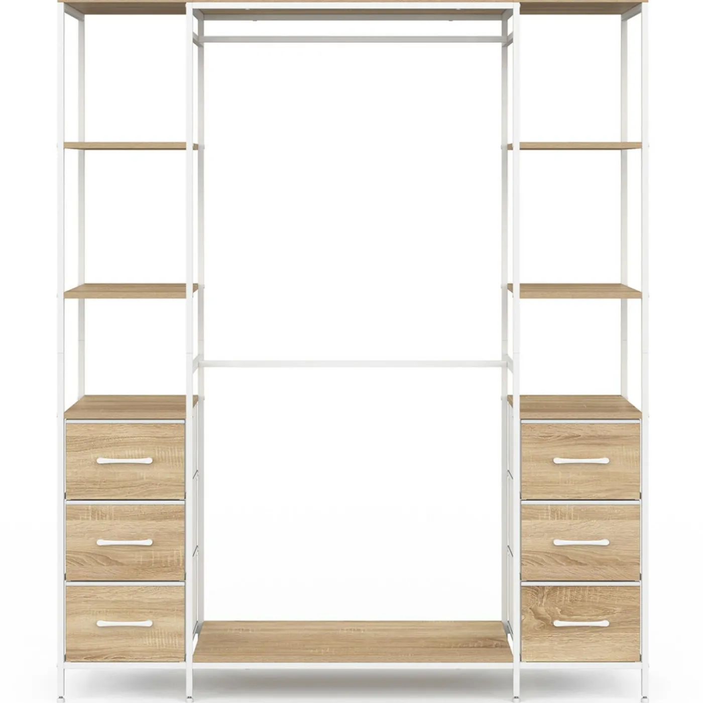 Dressing double penderie + double colonne L. 140 cm avec 6 étagères et 6 bacs en tissu bois et blanc