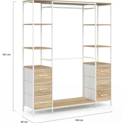 Dressing double penderie + double colonne L. 140 cm avec 6 étagères et 6 bacs en tissu bois et blanc