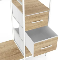 Dressing double penderie + double colonne L. 140 cm avec 6 étagères et 6 bacs en tissu bois et blanc