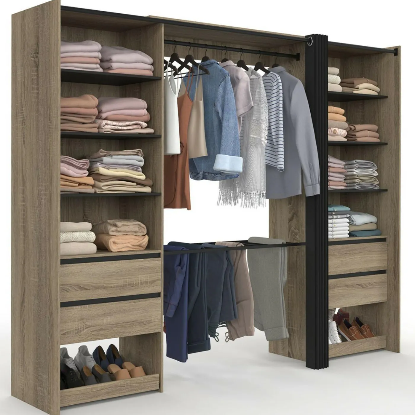 Dressing double XXL 220 cm hêtre avec porte pantalons + étagères + tiroirs + rangements à chaussures et noir