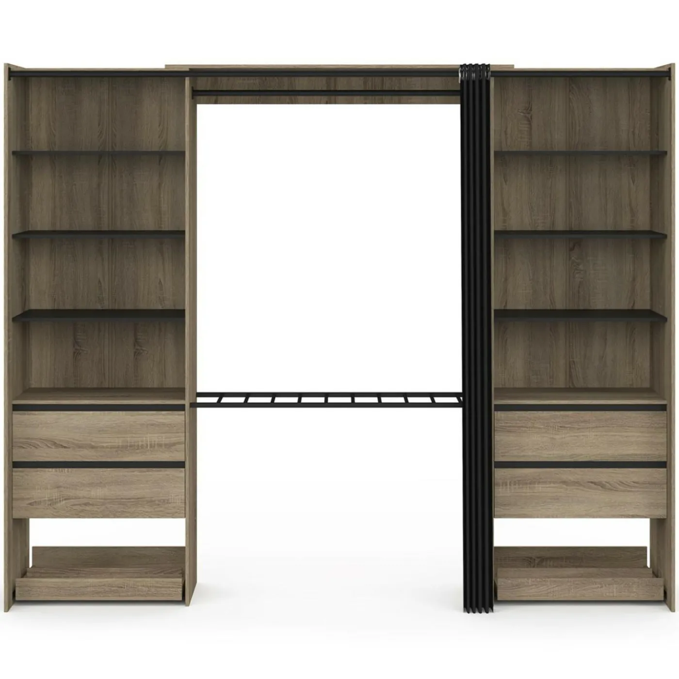 Dressing double XXL 220 cm hêtre avec porte pantalons + étagères + tiroirs + rangements à chaussures et noir
