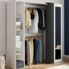 Dressing extensible 145/170 x 50 x 180 cm blanc avec étagères + double penderie + miroir + rideau gris