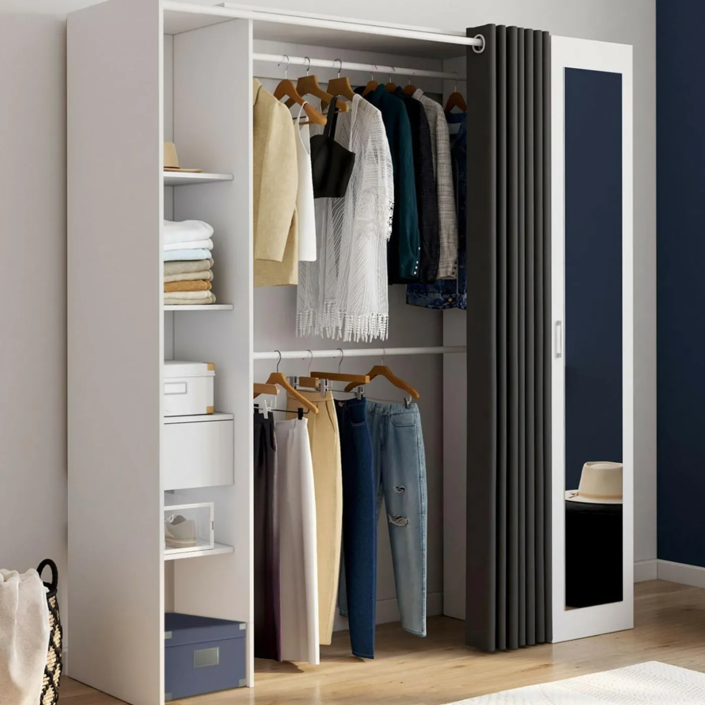 Dressing extensible 145/170 x 50 x 180 cm blanc avec étagères + double penderie + miroir + rideau gris