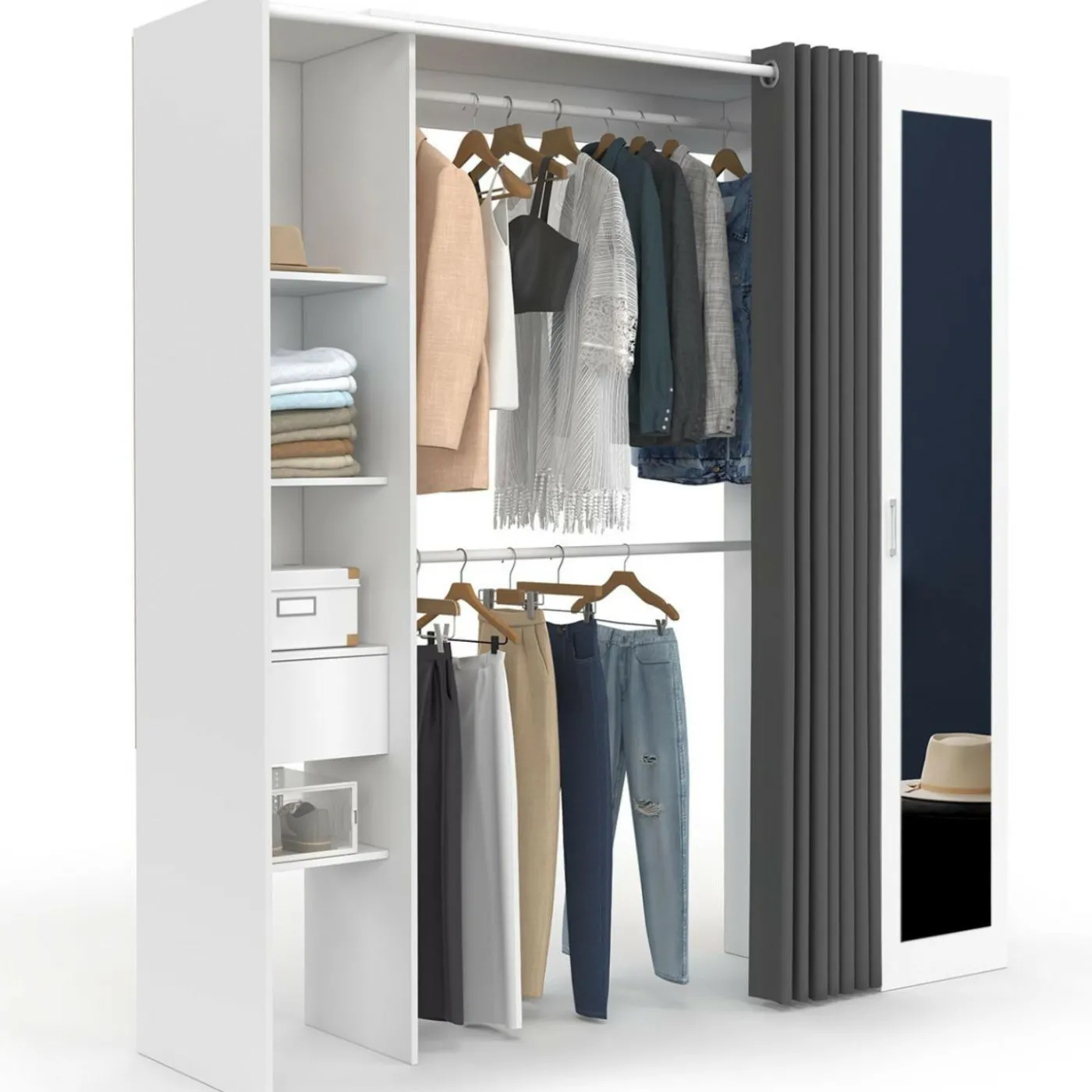Dressing extensible 145/170 x 50 x 180 cm blanc avec étagères + double penderie + miroir + rideau gris