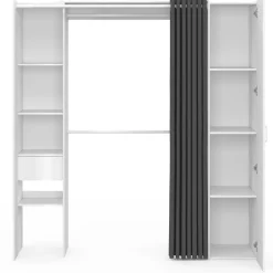 Dressing extensible 145/170 x 50 x 180 cm blanc avec étagères + double penderie + miroir + rideau gris