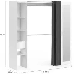 Dressing extensible 145/170 x 50 x 180 cm blanc avec étagères + double penderie + miroir + rideau gris