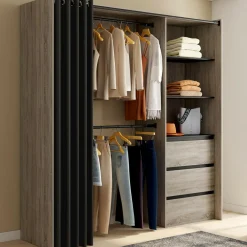Dressing extensible 120/170 x 50 x 180 cm hêtre avec 3 tiroirs + étagères + double penderie + rideau noir