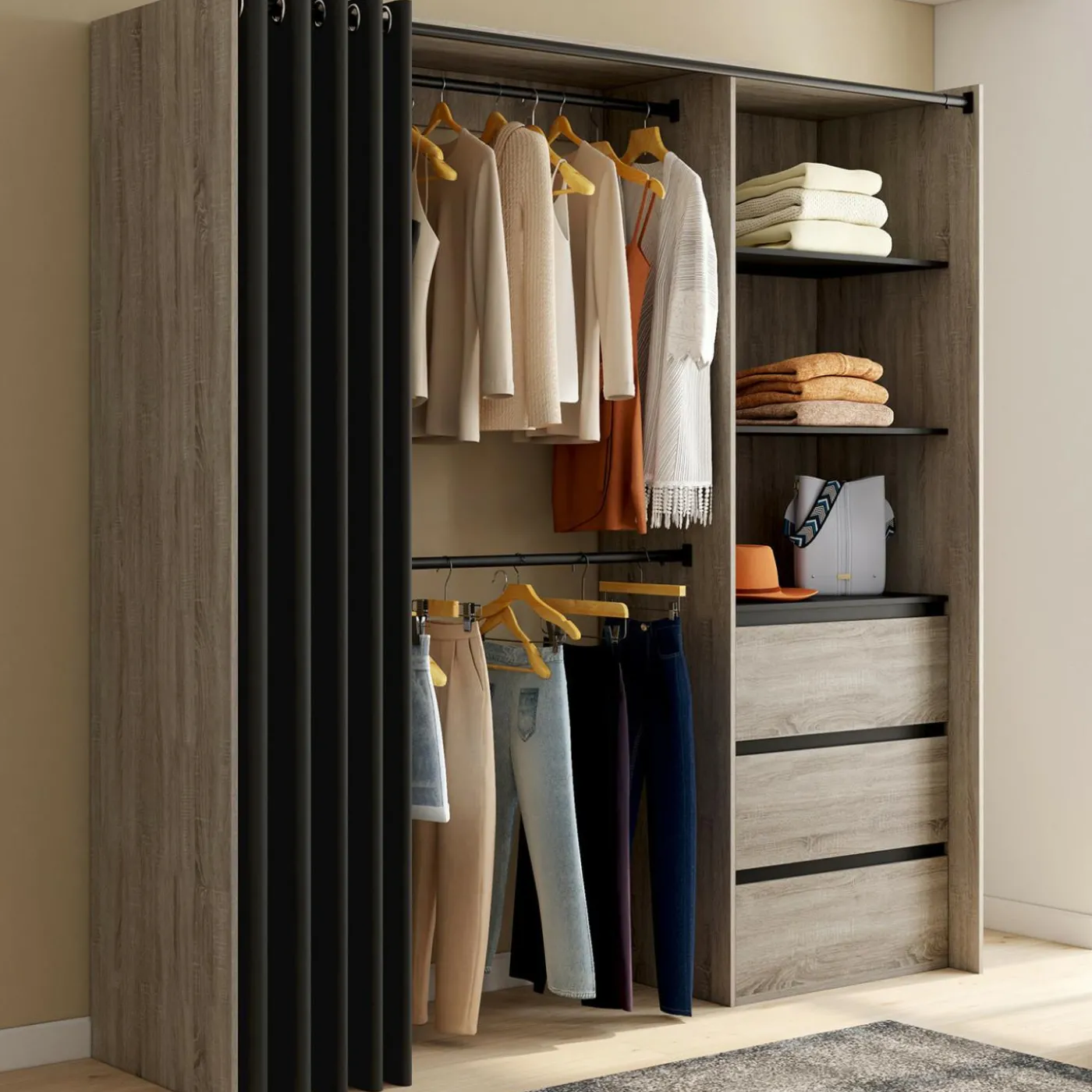 Dressing extensible 120/170 x 50 x 180 cm hêtre avec 3 tiroirs + étagères + double penderie + rideau noir