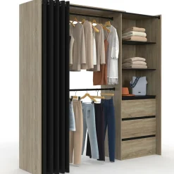 Dressing extensible 120/170 x 50 x 180 cm hêtre avec 3 tiroirs + étagères + double penderie + rideau noir
