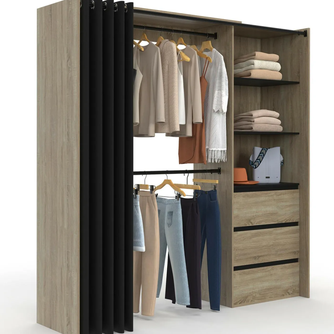 Dressing extensible 120/170 x 50 x 180 cm hêtre avec 3 tiroirs + étagères + double penderie + rideau noir