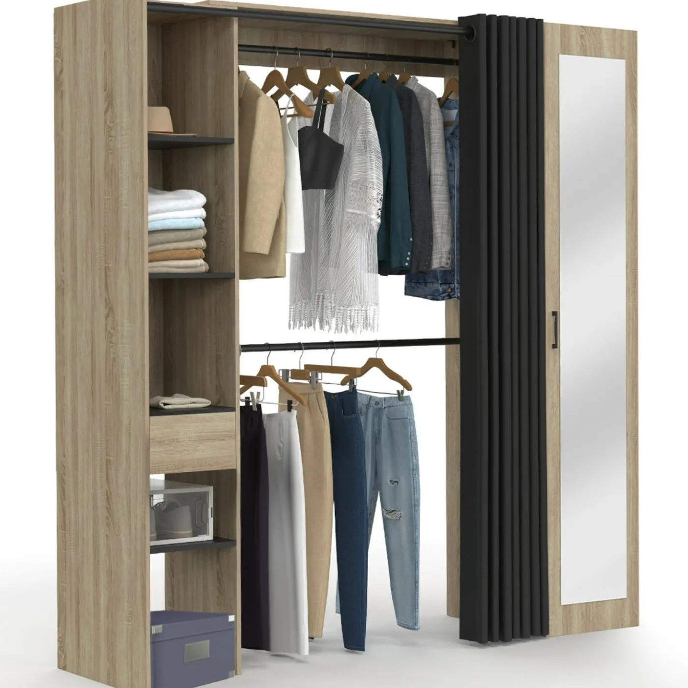 Dressing extensible avec double penderie et rideau noir