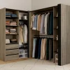 Dressing extensible d'angle 200 x 150 x 180 cm hêtre avec penderies + tiroirs + étagères + rideaux noirs