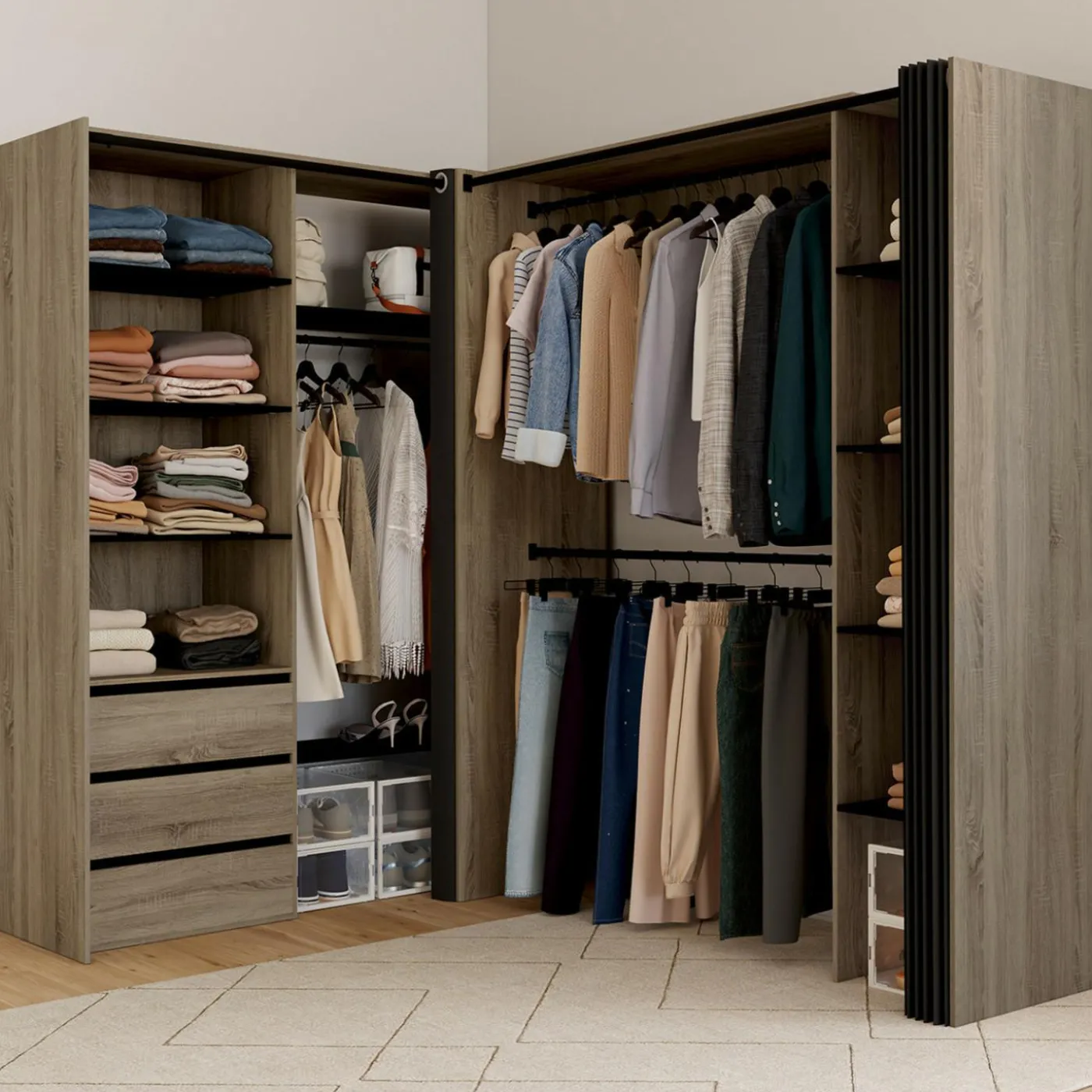 Dressing extensible d'angle 200 x 150 x 180 cm hêtre avec penderies + tiroirs + étagères + rideaux noirs