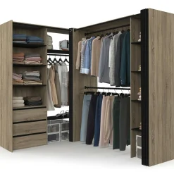 Dressing extensible d'angle 200 x 150 x 180 cm hêtre avec penderies + tiroirs + étagères + rideaux noirs
