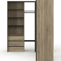 Dressing extensible d'angle 200 x 150 x 180 cm hêtre avec penderies + tiroirs + étagères + rideaux noirs