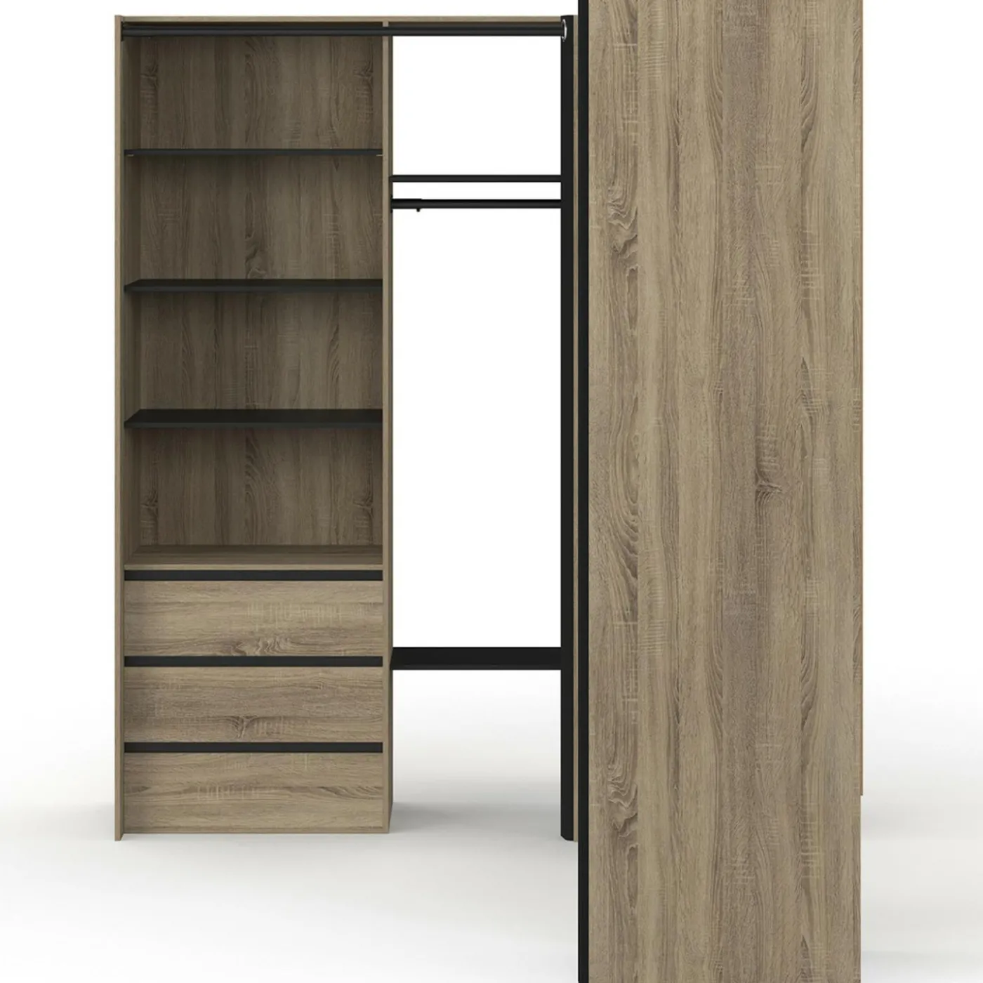 Dressing extensible d'angle 200 x 150 x 180 cm hêtre avec penderies + tiroirs + étagères + rideaux noirs