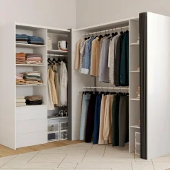 Dressing extensible d'angle 200 x 150 x 180 cm blanc avec penderies + tiroirs + étagères + rideaux gris