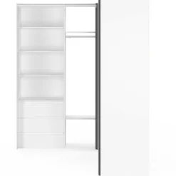Dressing extensible d'angle 200 x 150 x 180 cm blanc avec penderies + tiroirs + étagères + rideaux gris