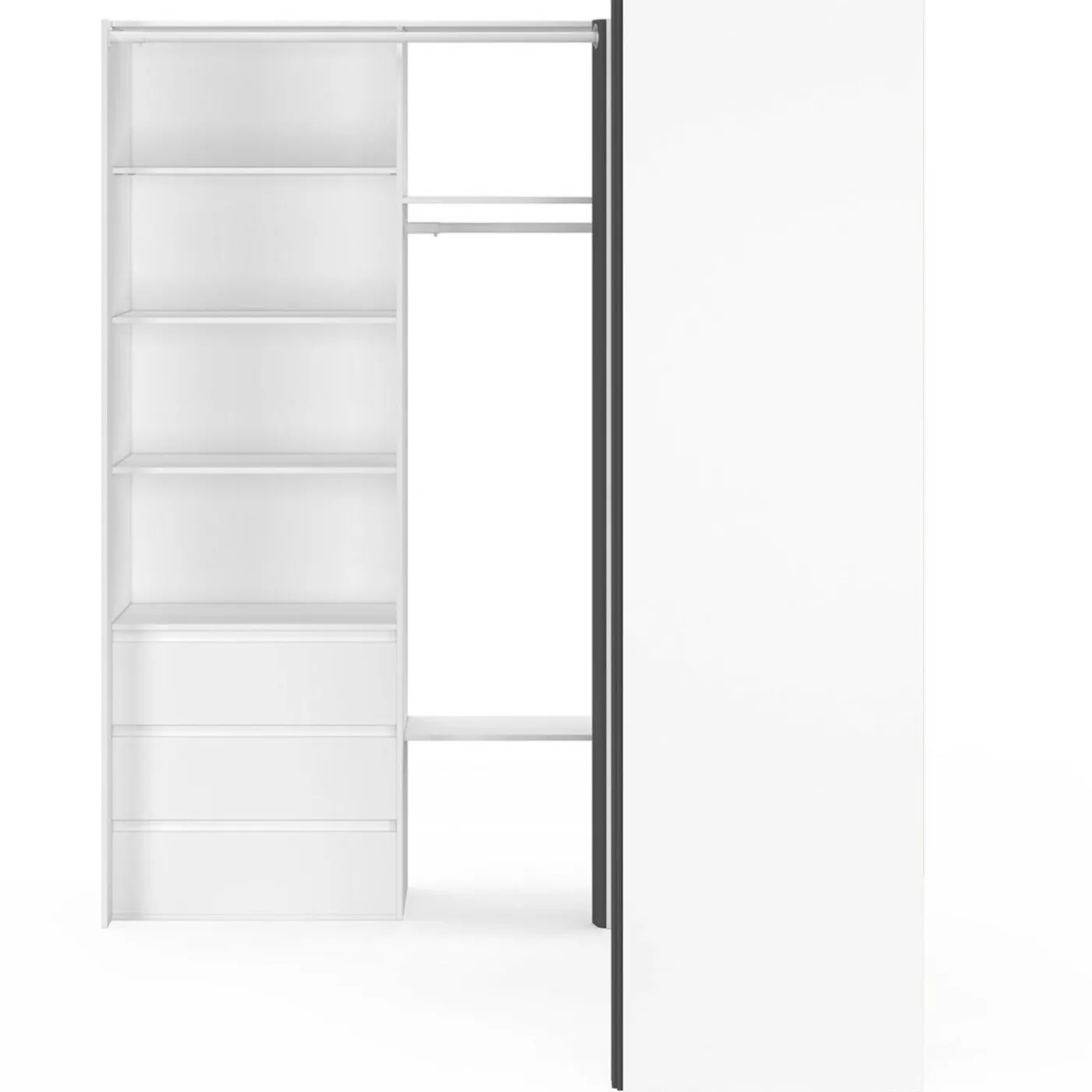 Dressing extensible d'angle 200 x 150 x 180 cm blanc avec penderies + tiroirs + étagères + rideaux gris