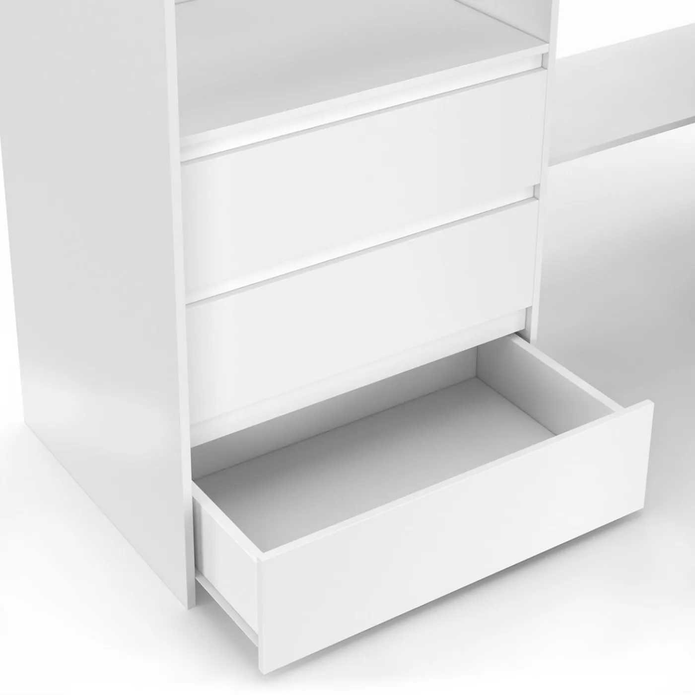 Dressing extensible d'angle 200 x 150 x 180 cm blanc avec penderies + tiroirs + étagères + rideaux gris