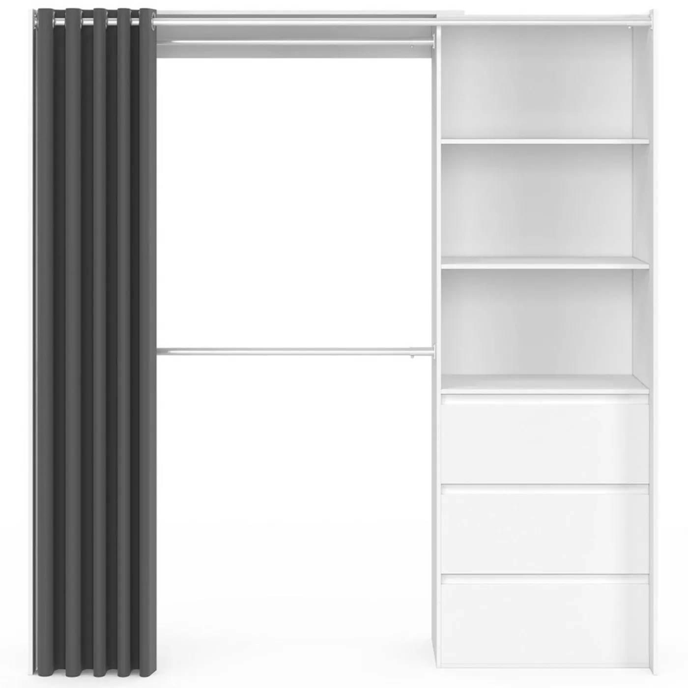 Dressing extensible de 120/170 x 50 x 180 cm blanc avec 3 tiroirs, des étagères et 2 penderies
