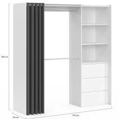 Dressing extensible de 120/170 x 50 x 180 cm blanc avec 3 tiroirs, des étagères et 2 penderies