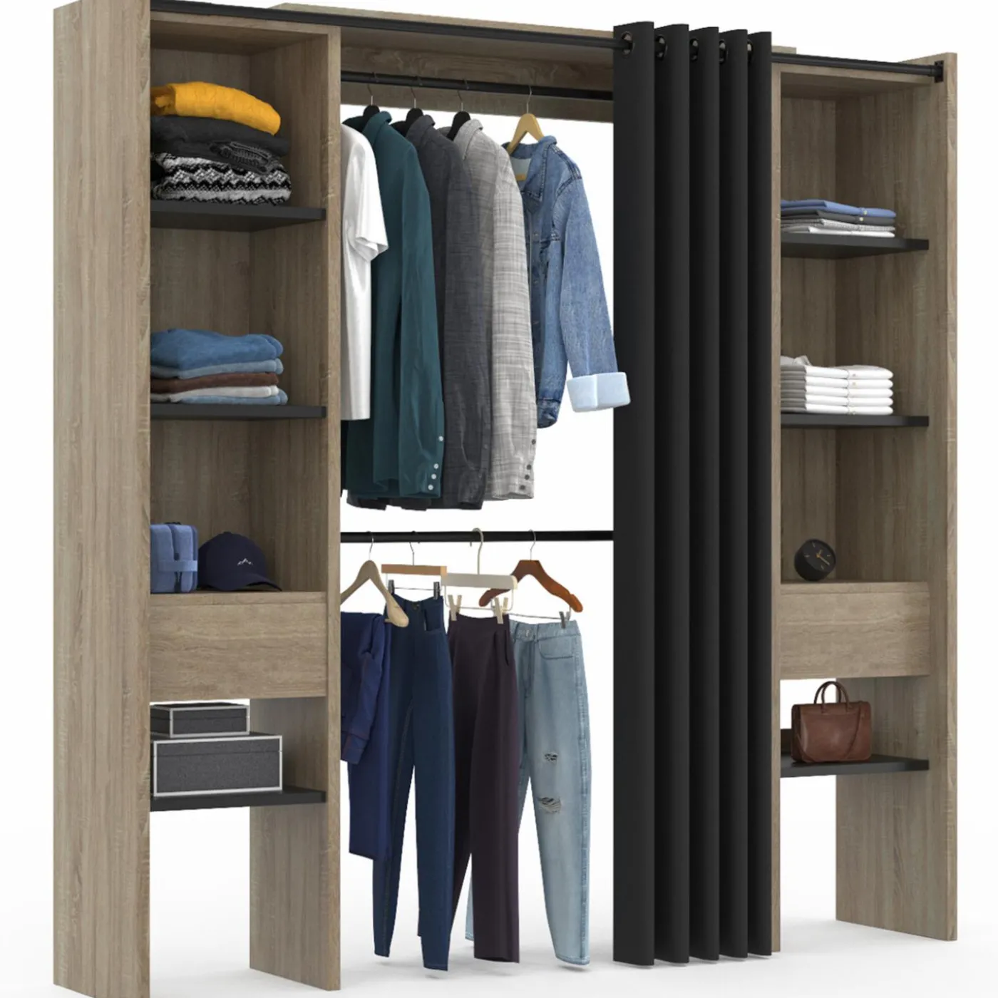 Dressing extensible double en bois avec rideau noir