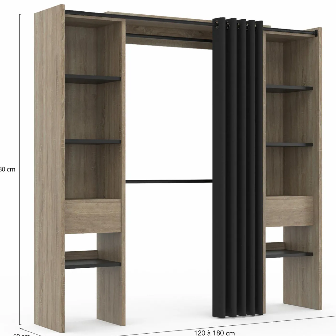 Dressing extensible double en bois avec rideau noir
