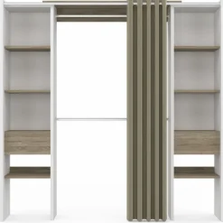 Dressing extensible double blanc et bois avec rideau taupe