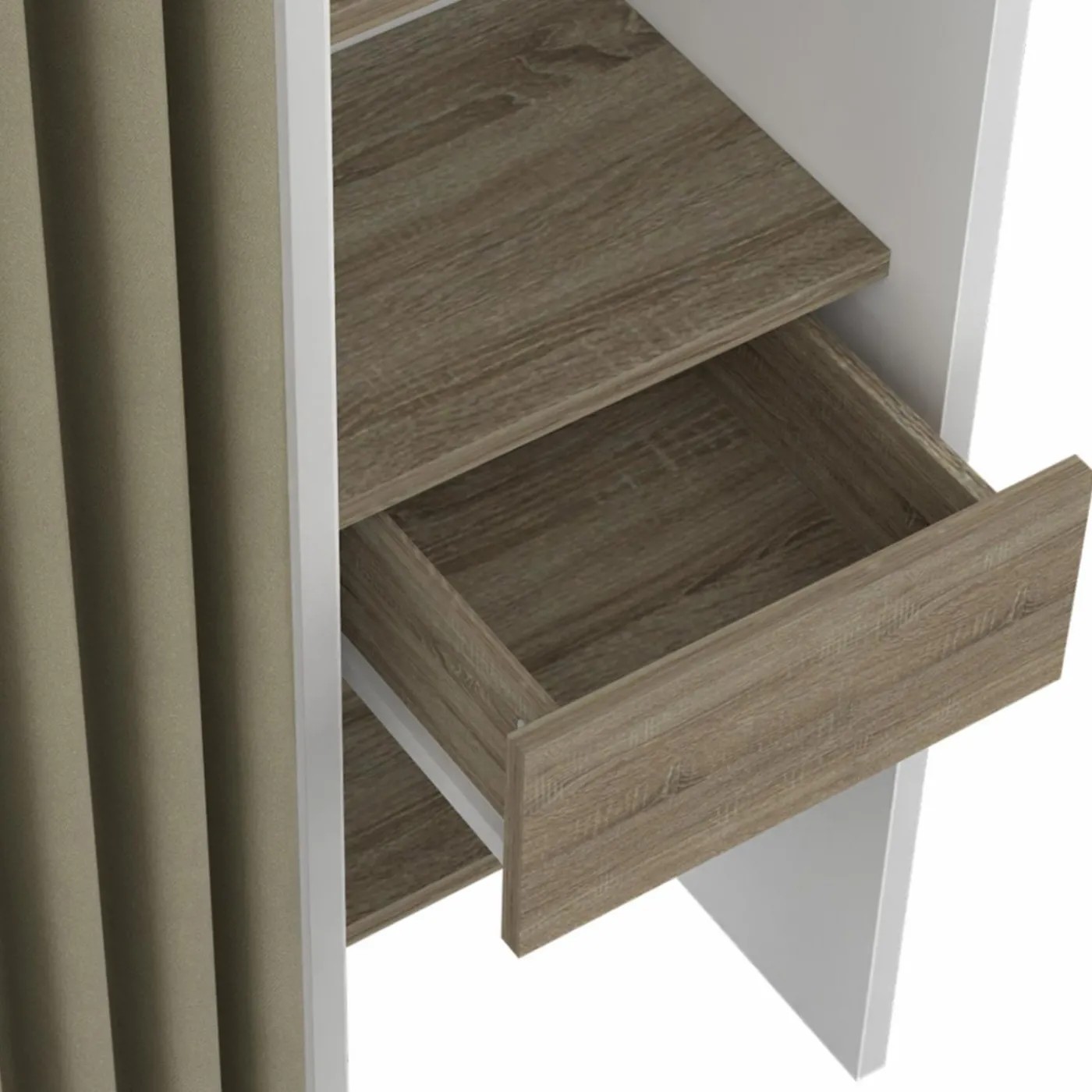 Dressing extensible double blanc et bois avec rideau taupe