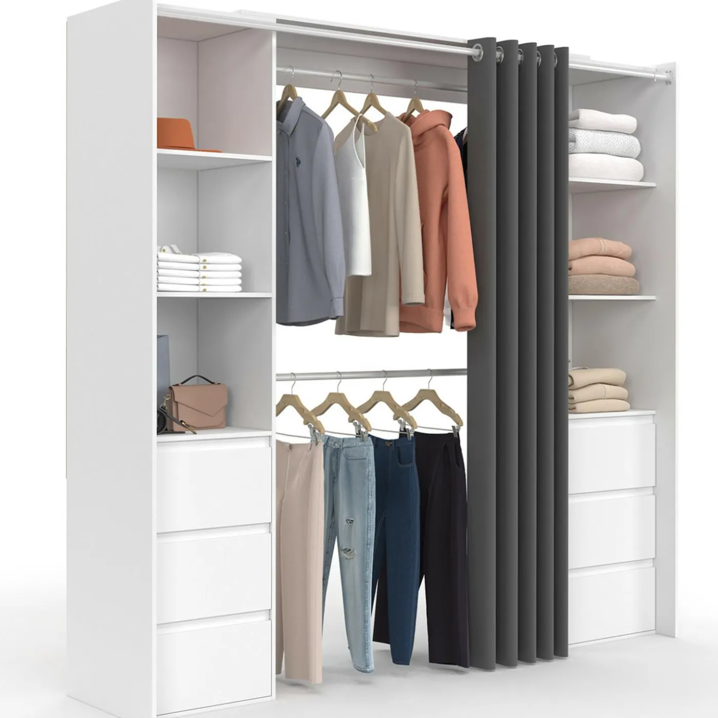 Dressing extensible double blanc 120/180 cm 6 tiroirs + étagères + double penderie + rideau gris