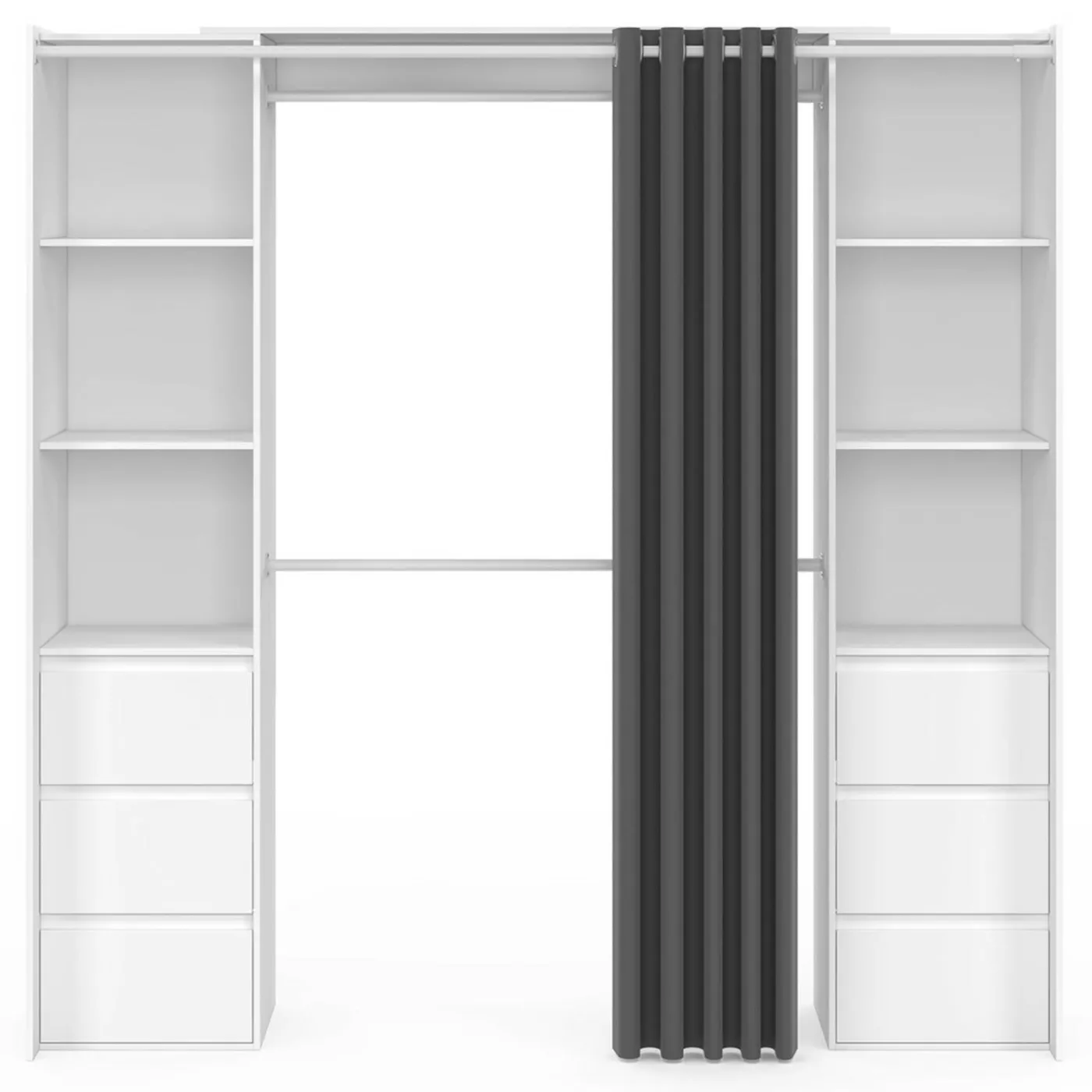Dressing extensible double blanc 120/180 cm 6 tiroirs + étagères + double penderie + rideau gris