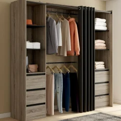 Dressing extensible double effet hêtre 120/180 cm 6 tiroirs + étagères + double penderie + rideau noir