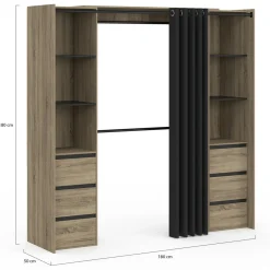 Dressing extensible double effet hêtre 120/180 cm 6 tiroirs + étagères + double penderie + rideau noir