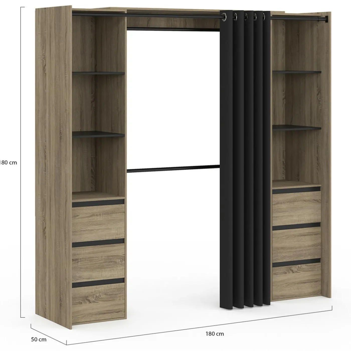 Dressing extensible double effet hêtre 120/180 cm 6 tiroirs + étagères + double penderie + rideau noir
